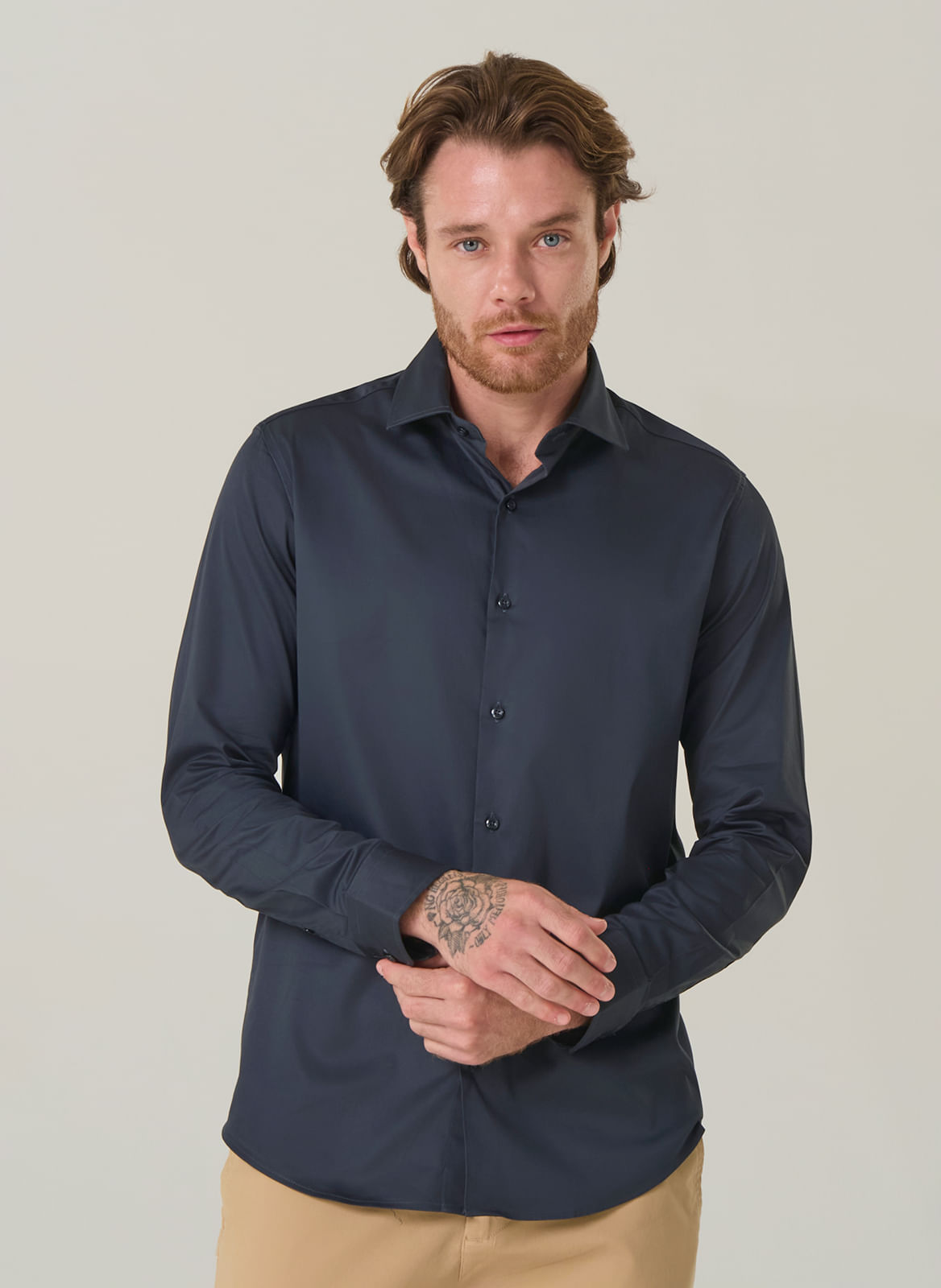 Camisa Social Masculina Slim Em Algodão e Elastano