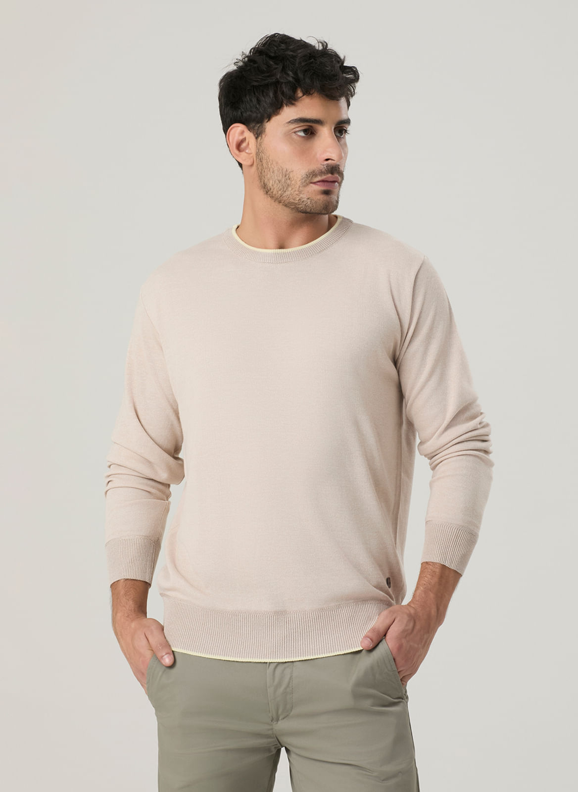 Tricot Masculino Gola Careca Com Detalhe Friso